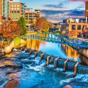 Reedy River in Greenville South Carolina. South Carolina weather is ideal for concrete pouring in the fall and winter months.