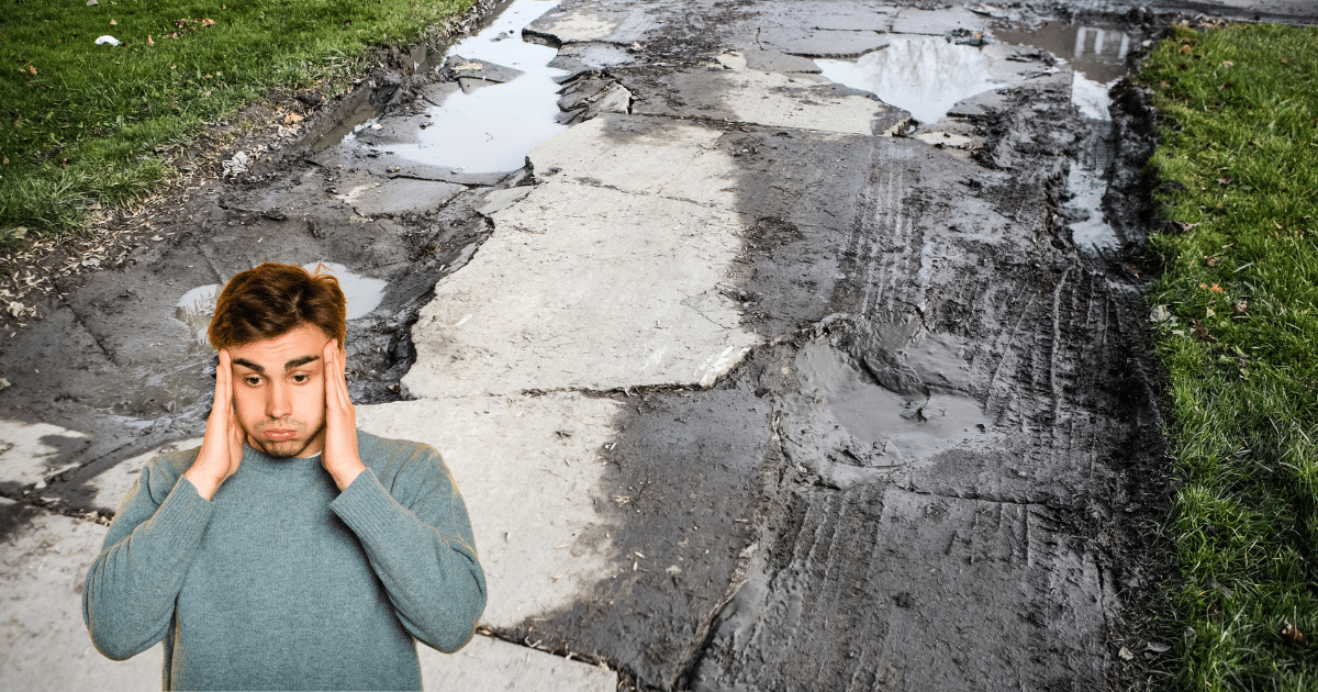 "9 questions you’ll regret not asking your concrete contractor" blog cover image depicting a frustrated/overwhelmed and confused young man taking a deep breath over a background of a severely cracked concrete driveway